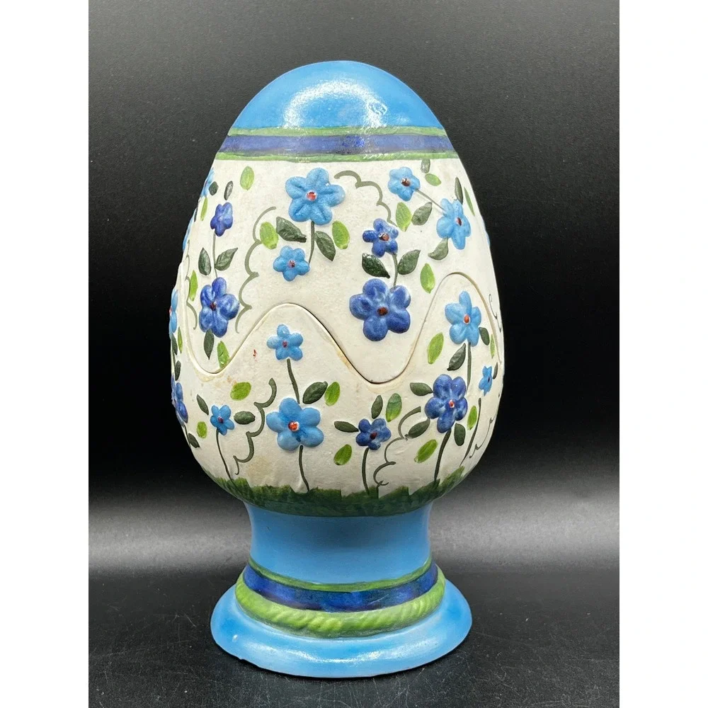 Vtg Hand Painted Ceramic Floral Pedestal Egg Small Taper Candle Holder Blue  8